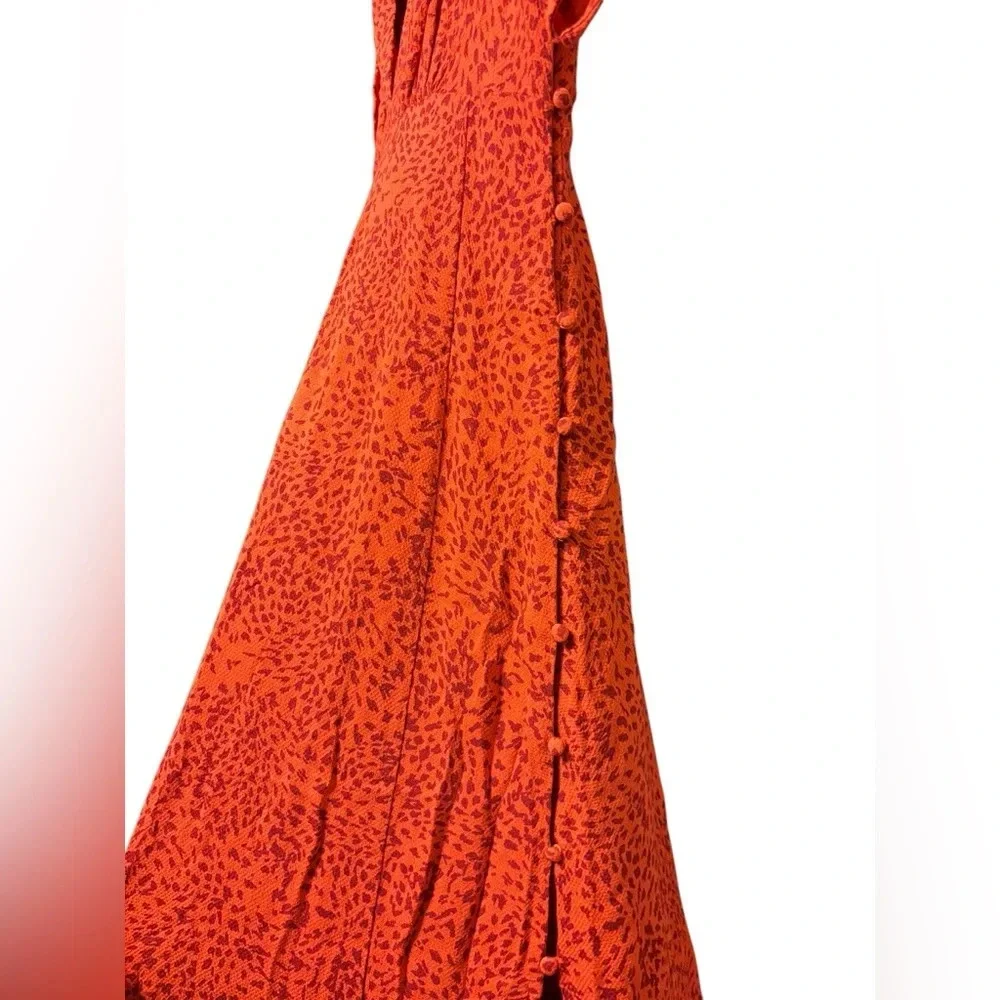 Free People Looking for Love Midi Dress Orange Red Buttons V Neck Size Small